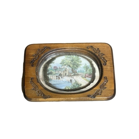 Vintage Wood framed mirror picture. House with Mill. Wall decor. - Picture 1 of 5